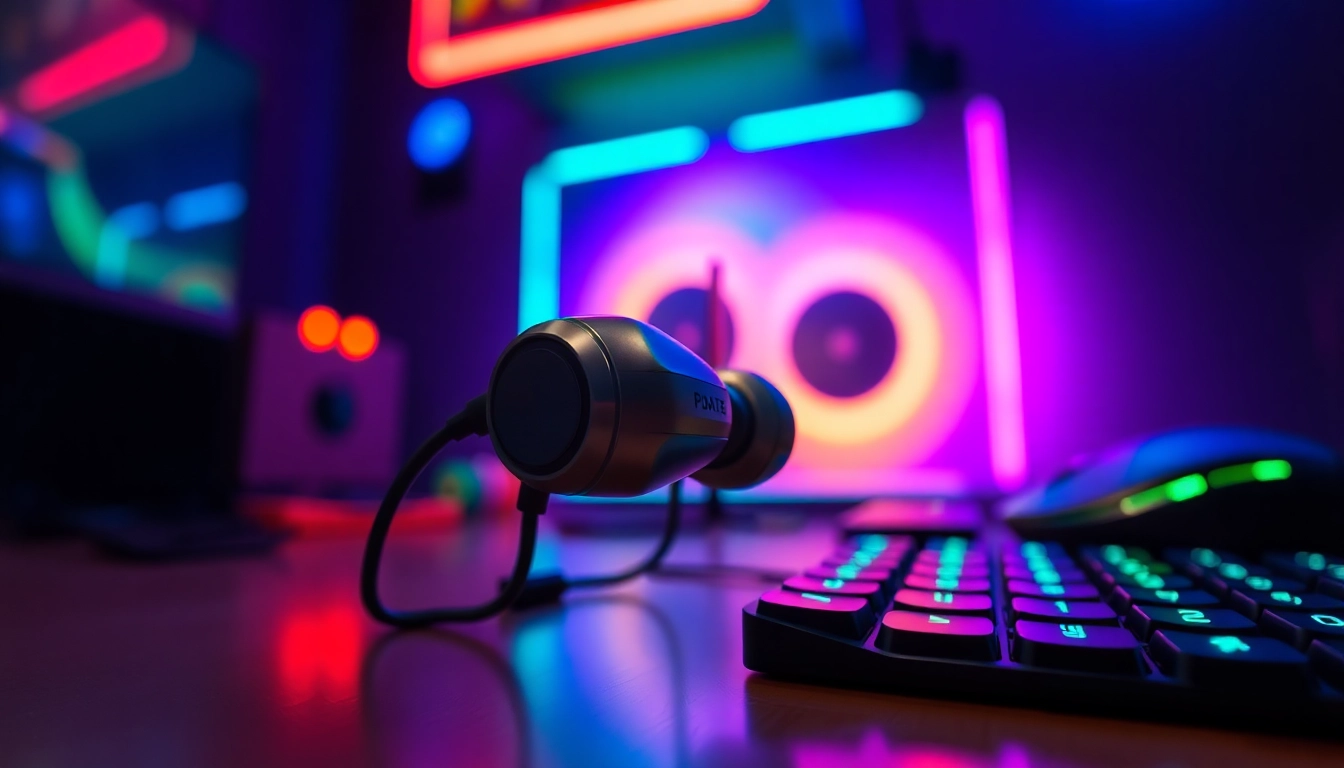 PRO60 Gaming Earbuds featured in an immersive gaming setup, showcasing their sleek design and vibrant surroundings.