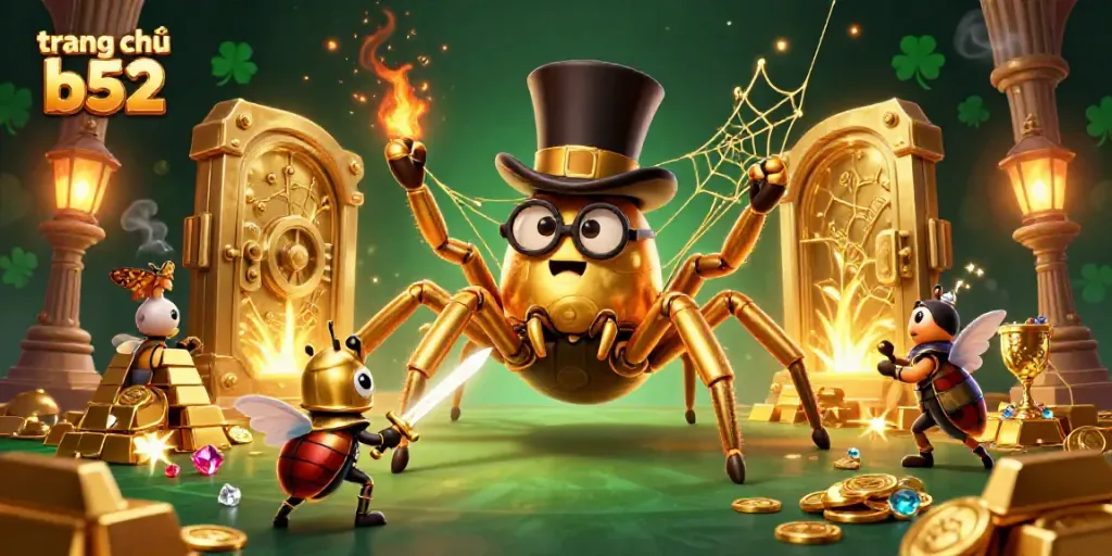 Experience the thrill at trang chủ b52 with a dynamic casino-themed illustration featuring a golden tarantula and treasure.