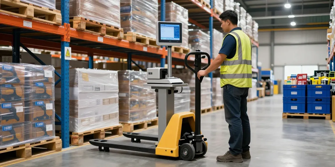 Manual pallet truck with scale and printer for sale in a busy warehouse, showcasing precision logistics.
