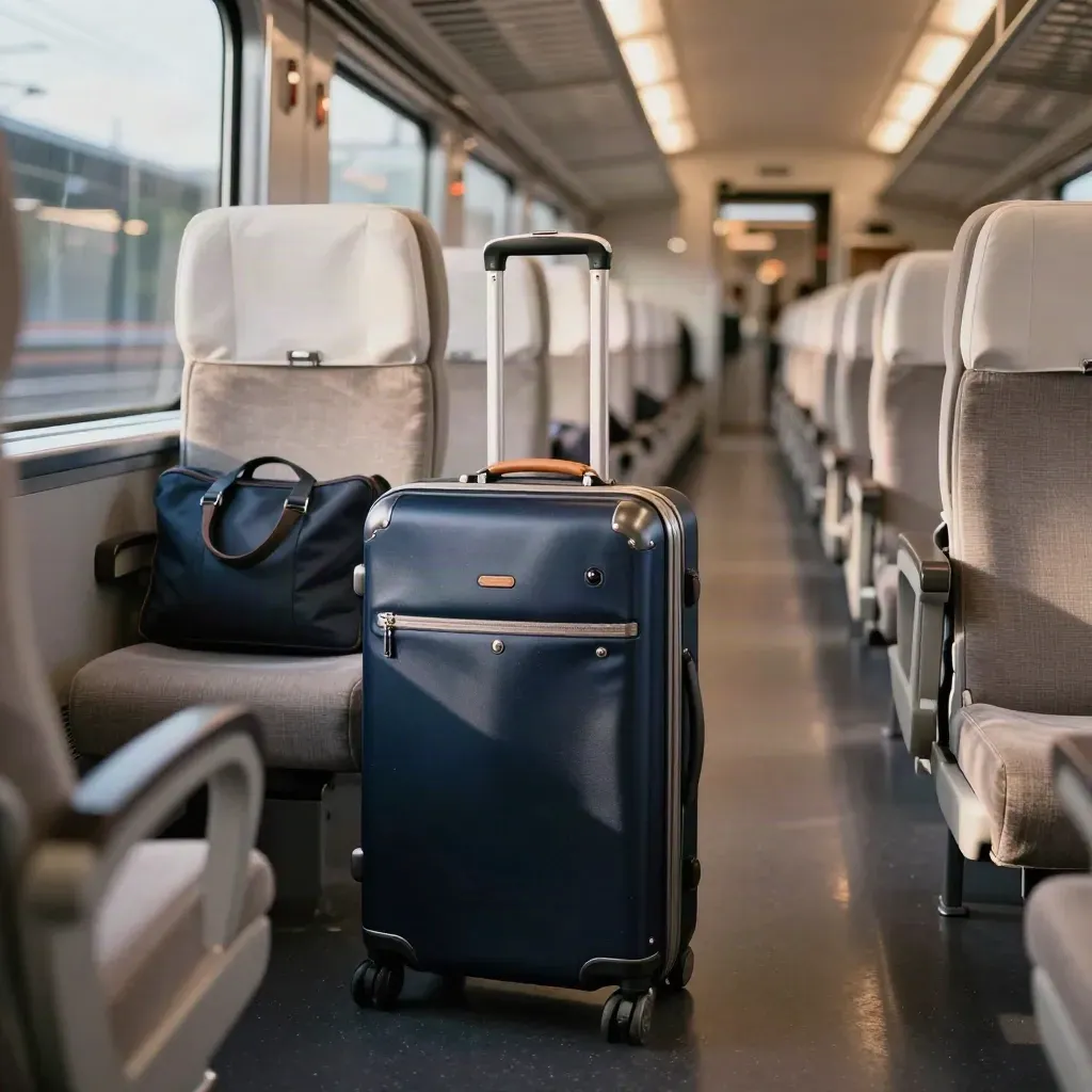 Shinkansen carriage with a navy carry-on beside white seats as the platform blurs away at dusk.