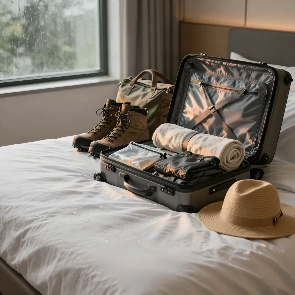 Open carry-on on a hotel bed at dawn, packed with boots, linen, rain shell, hat, and duffel.