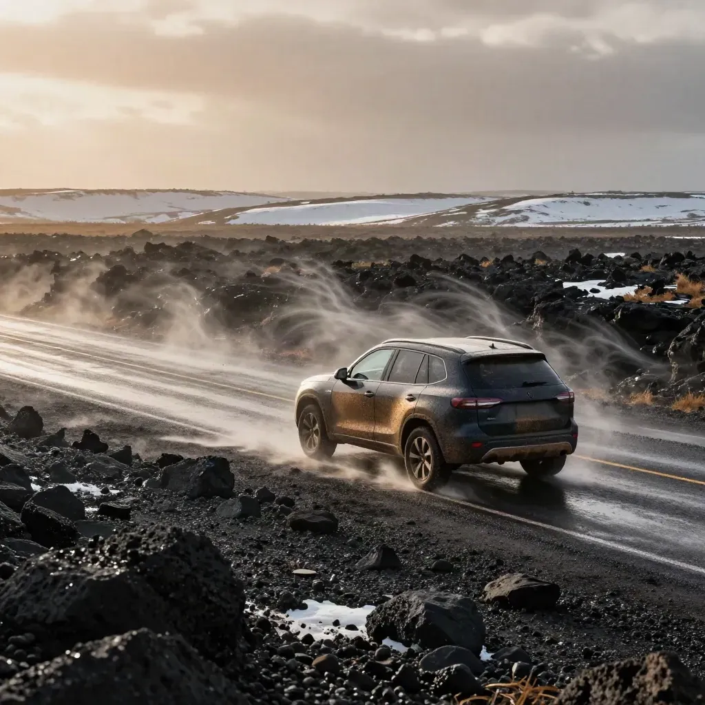 Mud-splattered SUV on Iceland lava shoulder in a snowy squall, waterfall beyond.