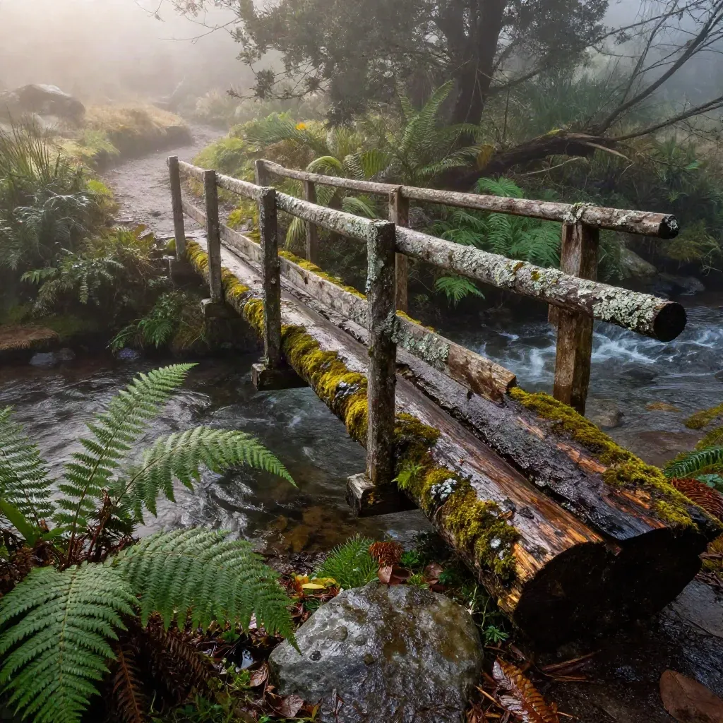 Mossy footbridge over a foggy Smoky Mountain creek after rain