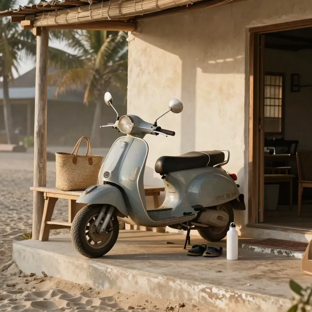 Beachside scooter with tote, sandals, and water bottle beside a guesthouse patio at sunset.