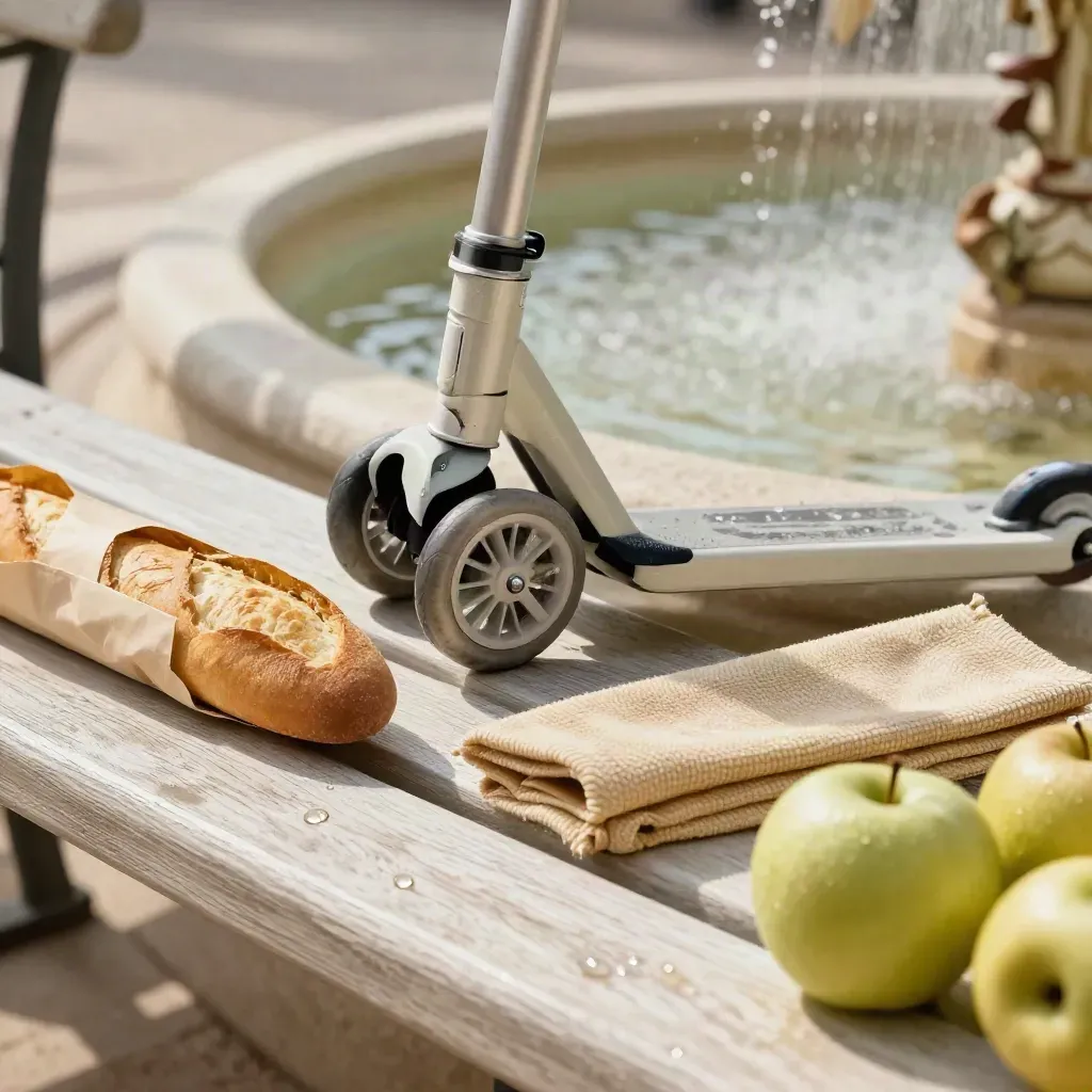 Paris park bench with a child scooter, picnic blanket, baguette, apples and fountain spray.