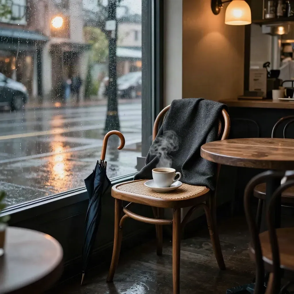 Rain shell on a café chair beside steaming coffee, with an umbrella and wet street reflections outside.