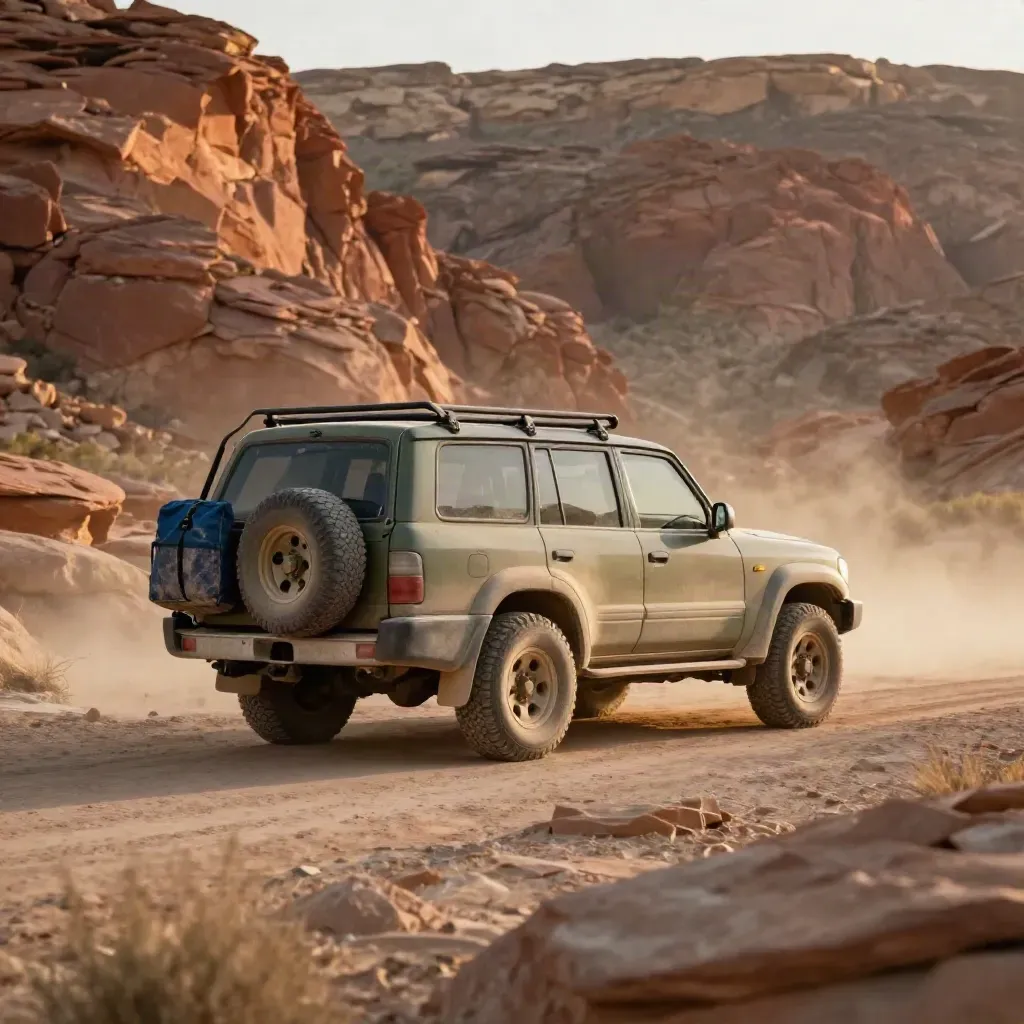 Dusty SUV settling at a red rock overlook with blue gear and glowing cliffs at sunset.