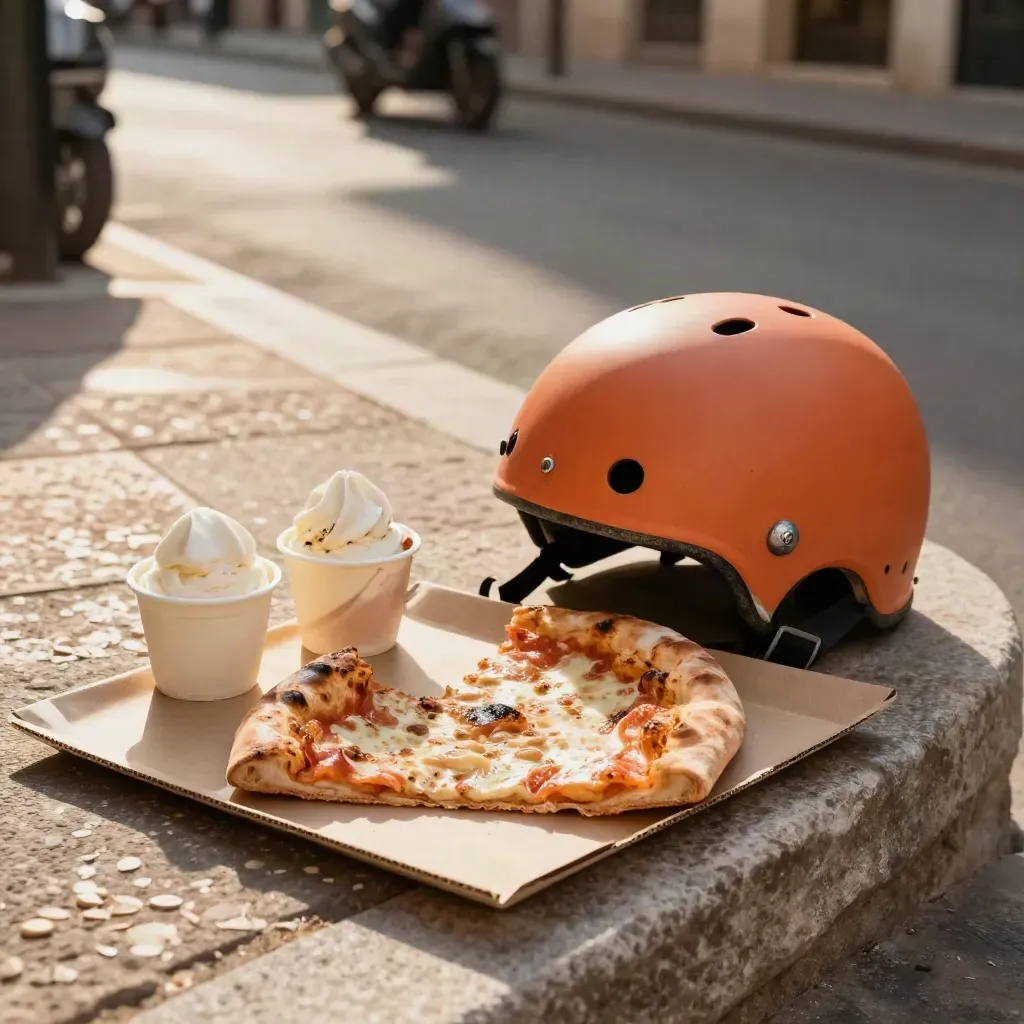 Pizza, gelato cups, and an orange scooter helmet by a stone curb in warm sunlight.