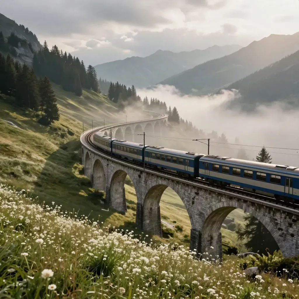 Blue train crossing an alpine viaduct over wildflowers and pines in misty midmorning light.
