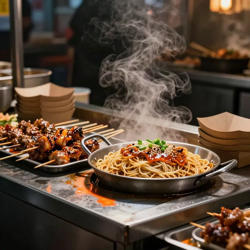 Steaming skewers and glossy noodles at a Seoul night market counter, lit by warm orange haze.