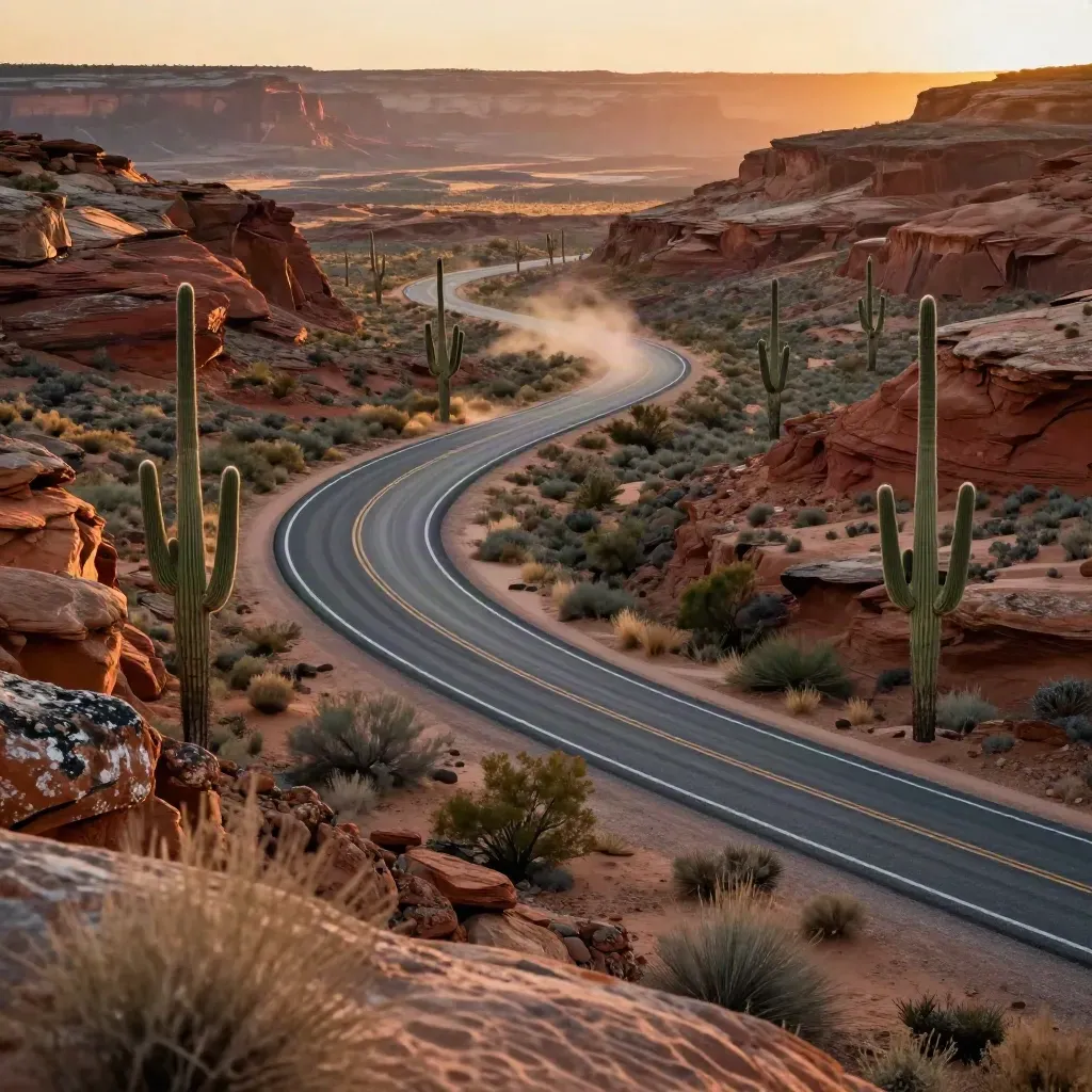 Desert highway curls past saguaro and red buttes at sunset from a high overlook.