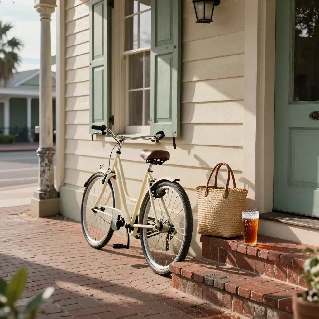 Charleston porch with a bike, woven bag, and sweet tea in soft afternoon light