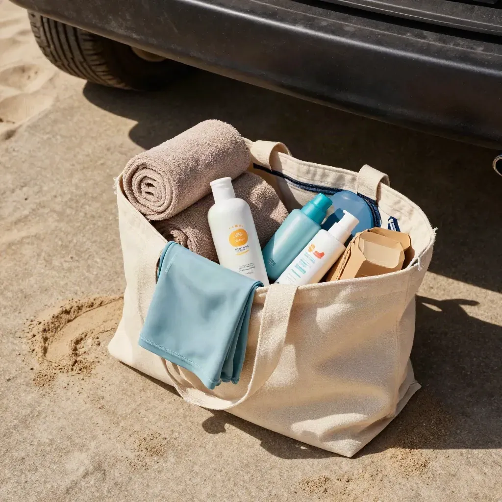 Beach tote packed with towels, sunscreen, blue rash guard, and snack boxes beside a sandy car