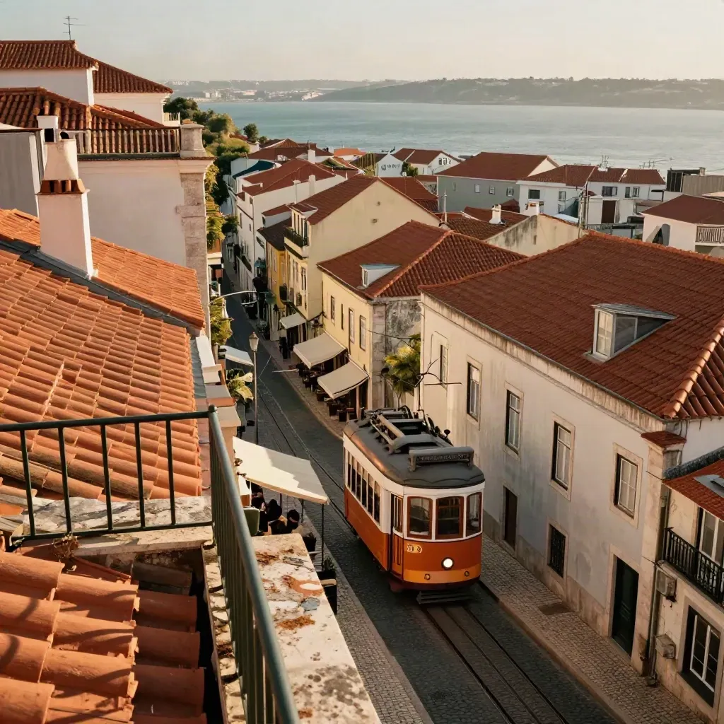 Lisbon rooftop view over terracotta roofs to an orange tram curving below in warm late-afternoon haze
