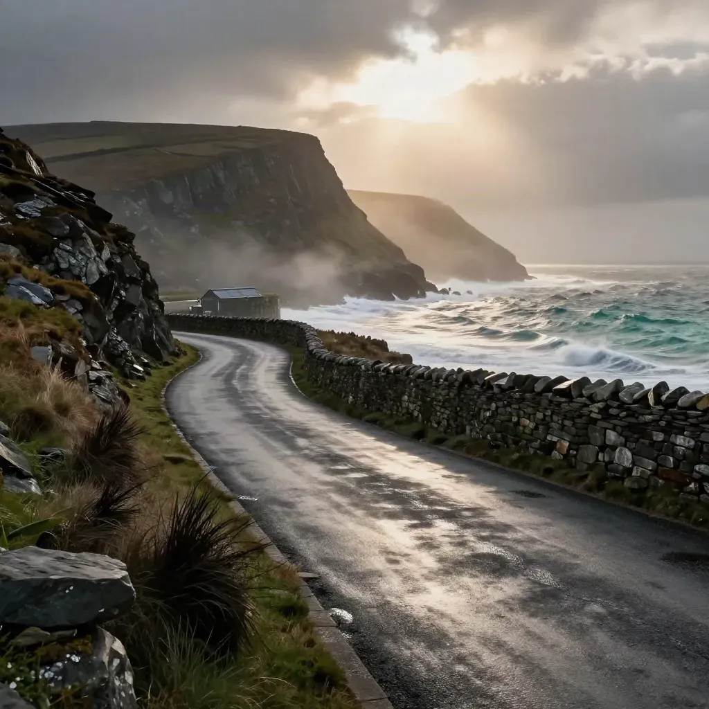 Windswept North Wales cliff road curving above a small harbor under misty evening light.