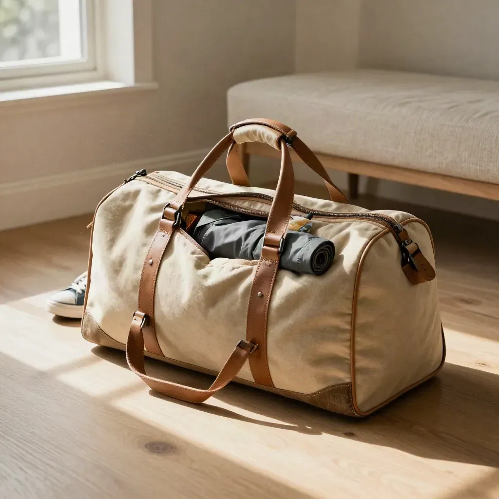 Open duffel with kids' travel clothes and sneakers on a sunlit floor.