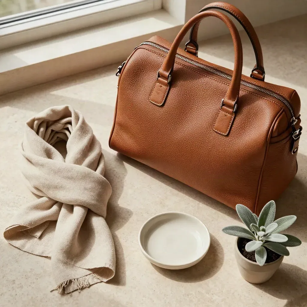 Overhead flat lay of a leather city day bag with scarf, dish, and herb on pale stone.