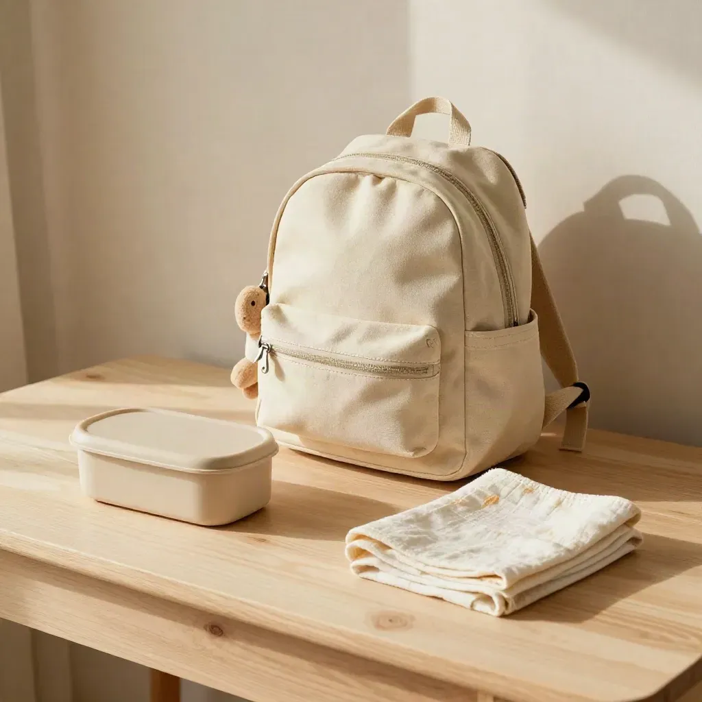Kid-sized travel backpack, snack box, plush toy and folded cloth on a pine desktop