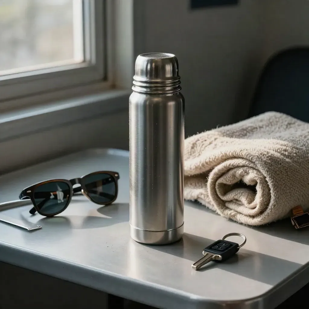 Thermos, sunglasses, rolled blanket and key fob on a brushed metal tray beside a dawn motel window.