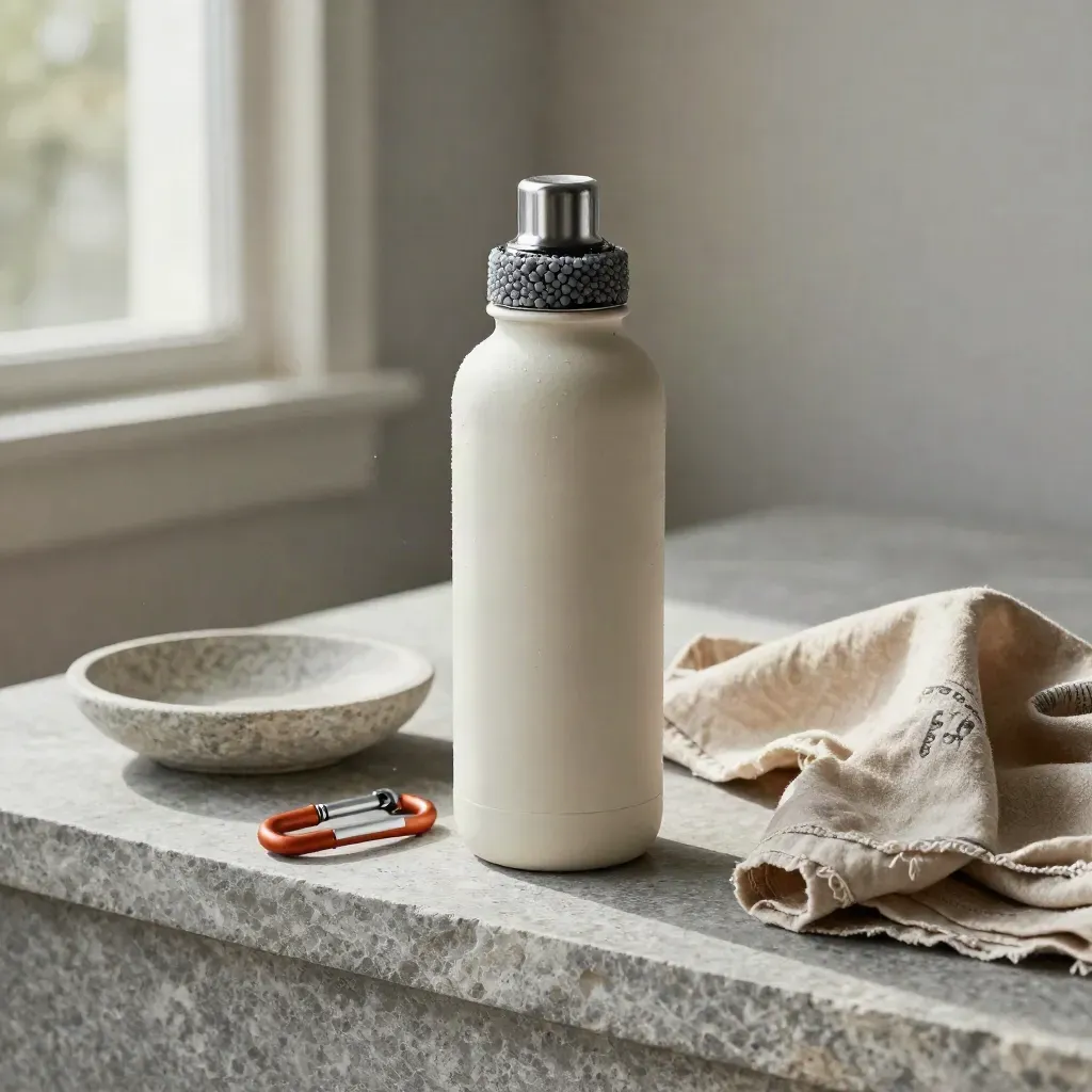 Trail bottle, carabiner, bandana, and stone dish on a limestone shelf in soft daylight.