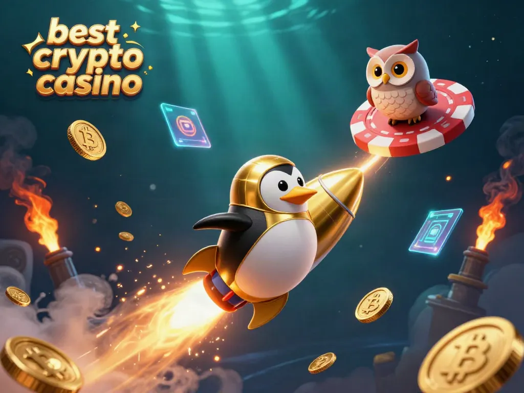 Experience the excitement of the best crypto casino with golden penguins and blockchain elements in a vibrant digital illustration.