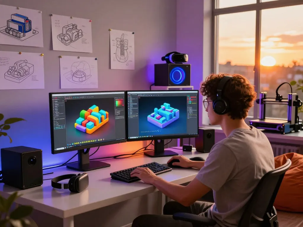 Designer creating innovative designs with Text to 3D technology in a vibrant studio.