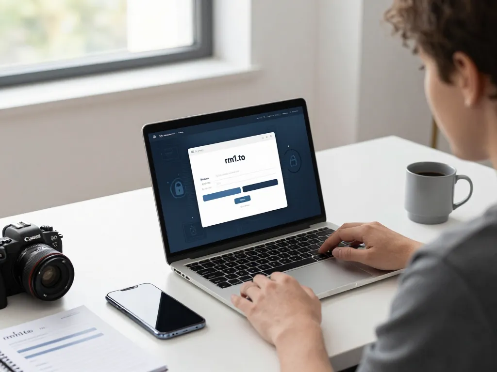Secure rm1.to login process at modern workspace with laptop.