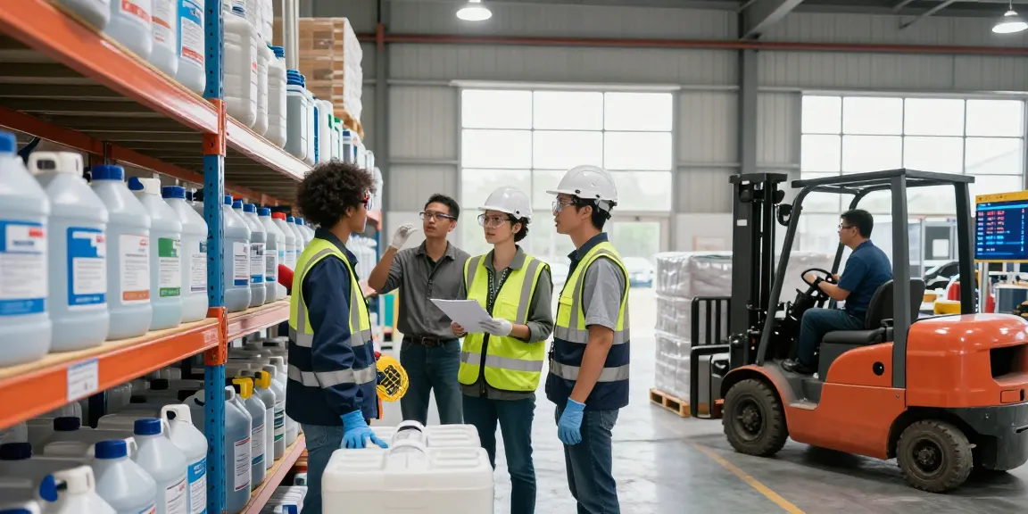 Chemical suppliers near me exploring a well-organized warehouse, showcasing teamwork and safety.