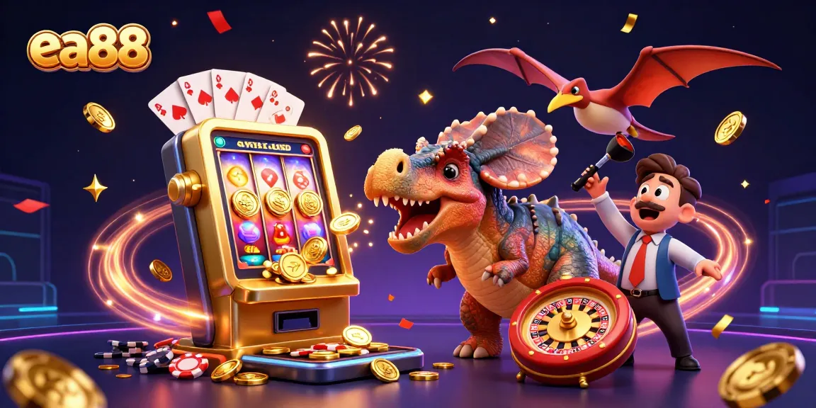 ea88 jackpot scene with cartoon dinosaur, casino manager, and coins flying