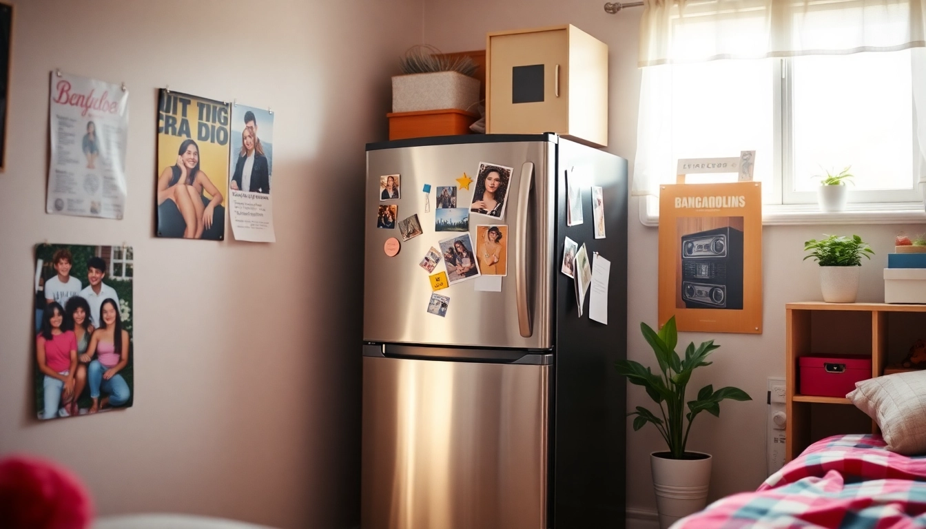 Organized dorm room fridge showcasing vibrant decor and magnets in a cozy space.