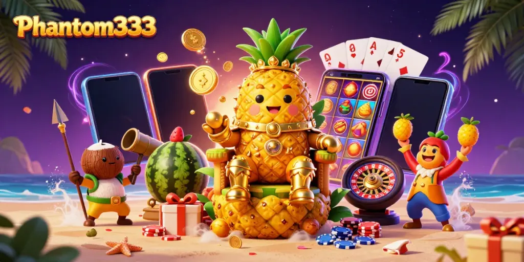 Experience the excitement of Phantom333 with the golden pineapple king and casino elements in a vibrant illustration.