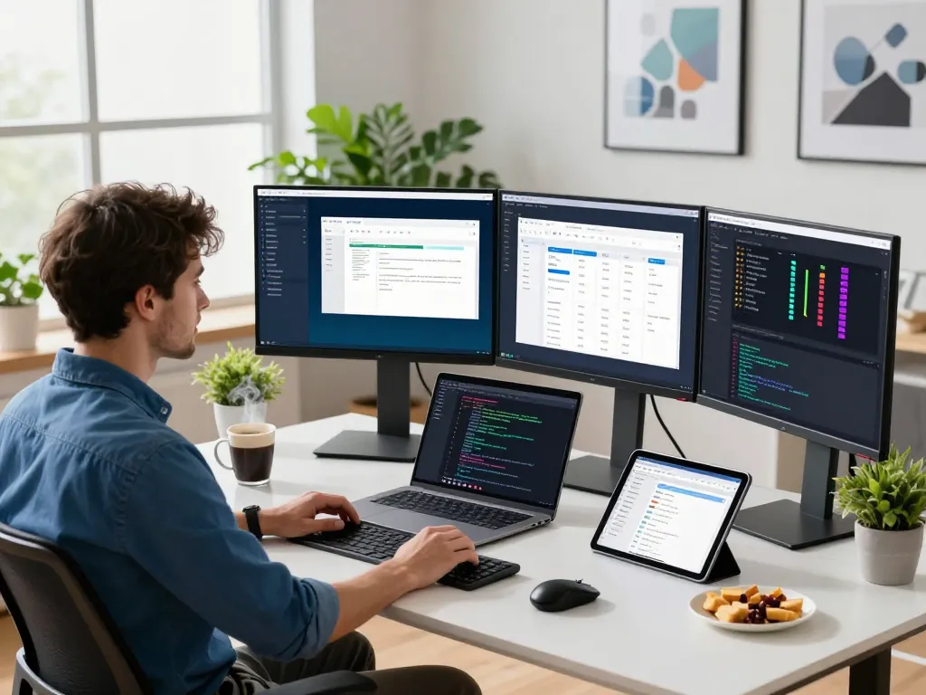 Developer using WPS software in a modern office workspace.