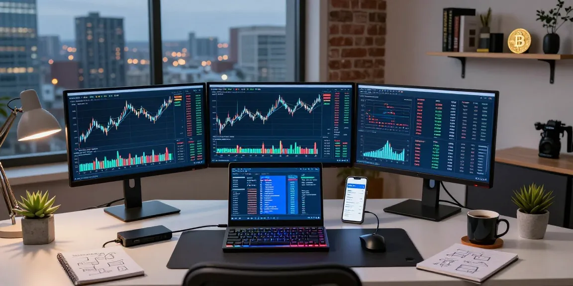 Escenario de comercio profesional con forense de blockchain, analizando criptomonedas en un entorno de oficina moderno con pantallas y dispositivos de seguridad.