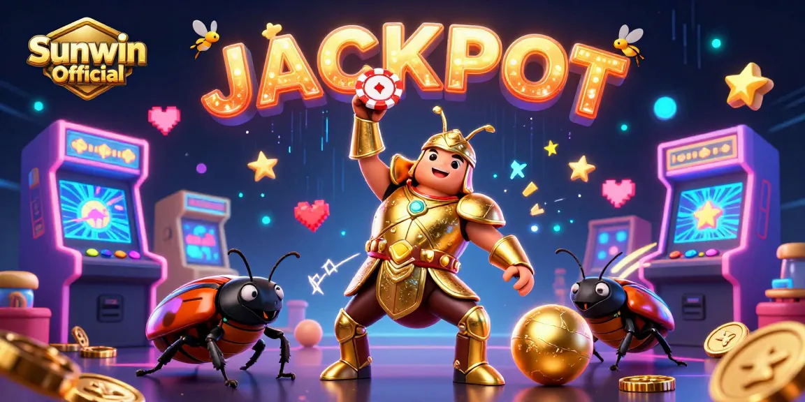 Engage with thrilling gameplay at Sunwin Official as a cartoon beetle lifts a poker chip in celebration amidst vibrant casino elements.
