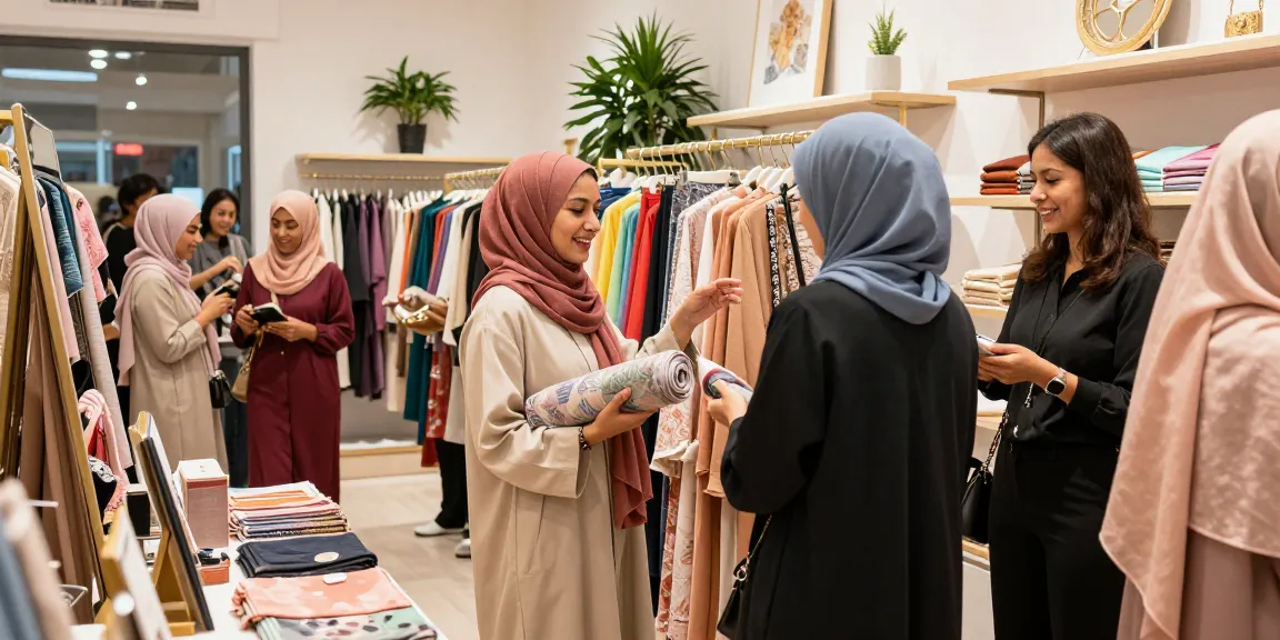 Vibrant hijab store scene showcasing diverse hijab selections and customer interactions.
