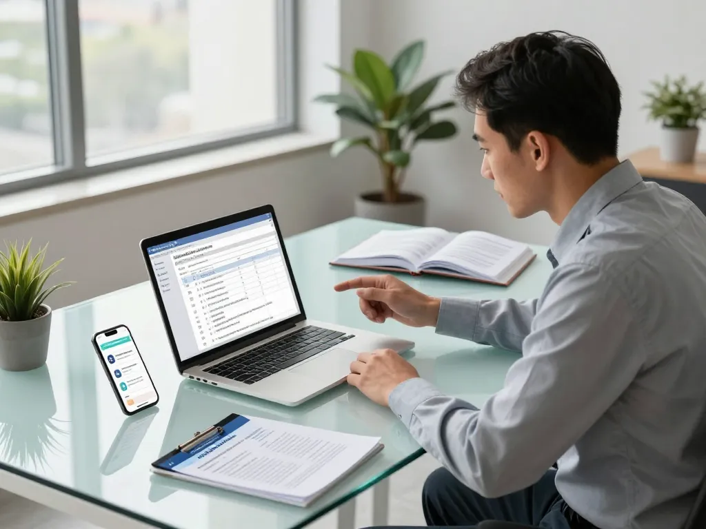 Technology compliance lawyer Ontario providing legal advice in a modern office with regulatory documents and digital devices.
