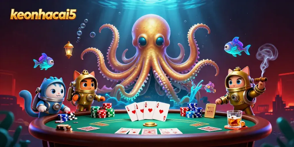 Engage with keonhacai5's thrilling casino scene featuring a kraken, diving cat, and poker elements.