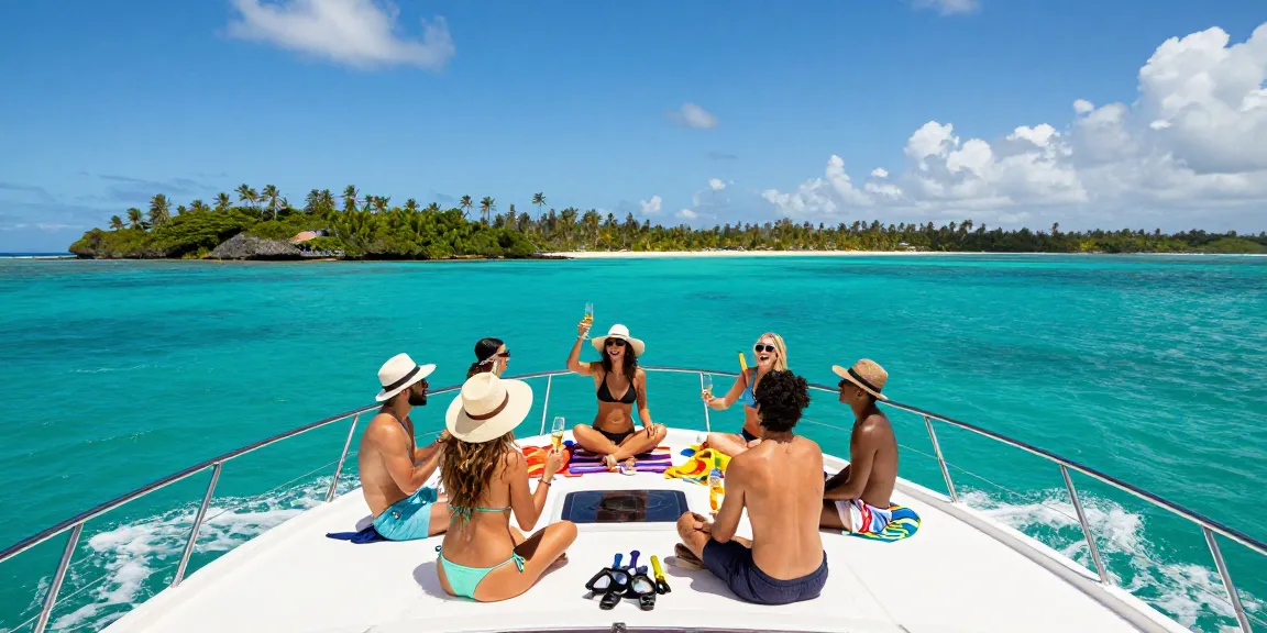 Luxury yacht rental Punta Cana with friends celebrating on crystal-clear waters