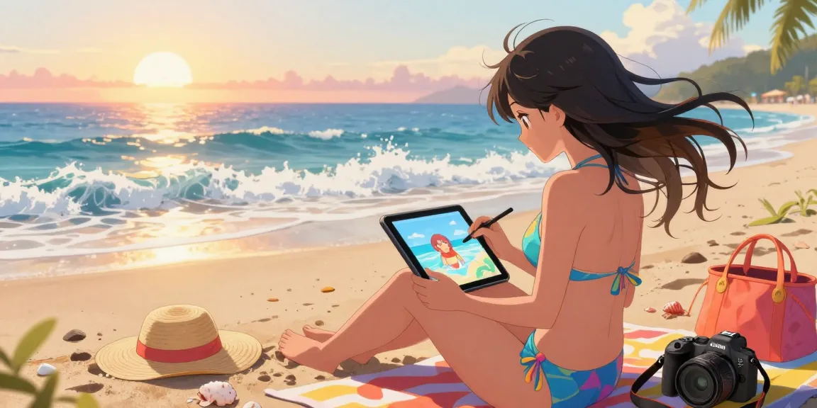 Creating ecchi art on a beach with AI tools, vibrant sunset and accessories