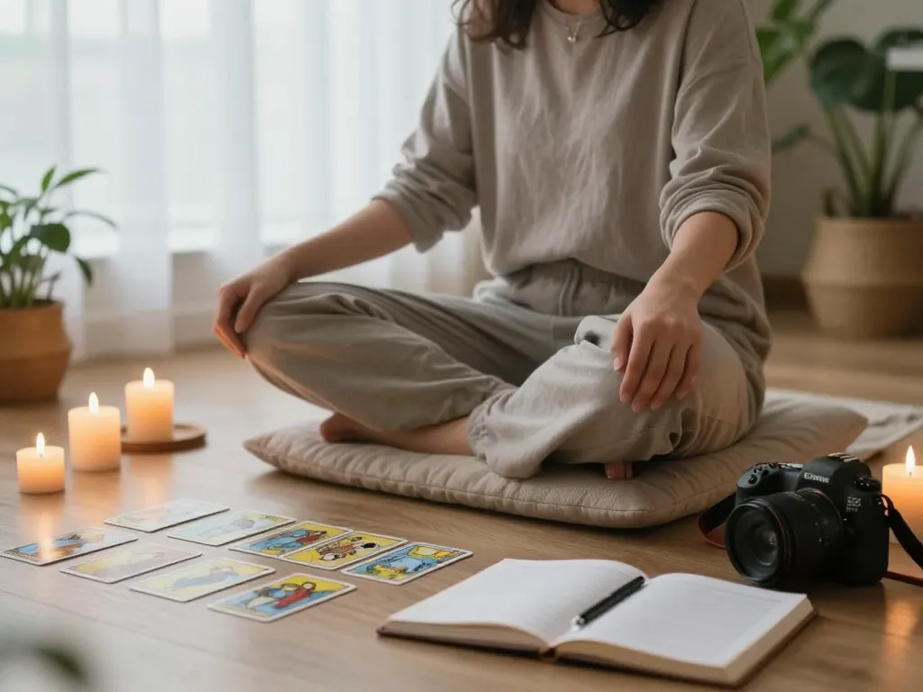 Why do I keep attracting the same partner? Introspective moment in a meditation room revealing insights into personal relationships.