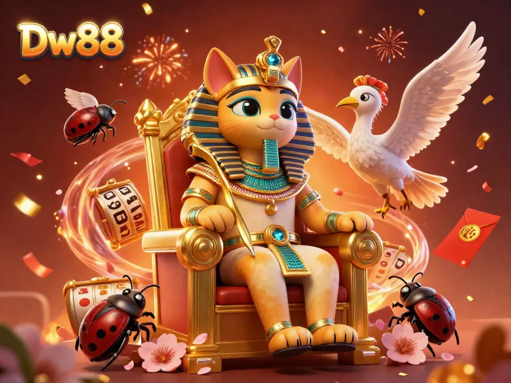Play slots and win with Dw88 at this vibrant online casino illustration packed with festive elements.