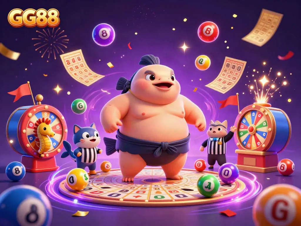 Experience the excitement at GG88 with a vibrant underwater casino scene featuring a fugu, catfish referee, and dynamic games.