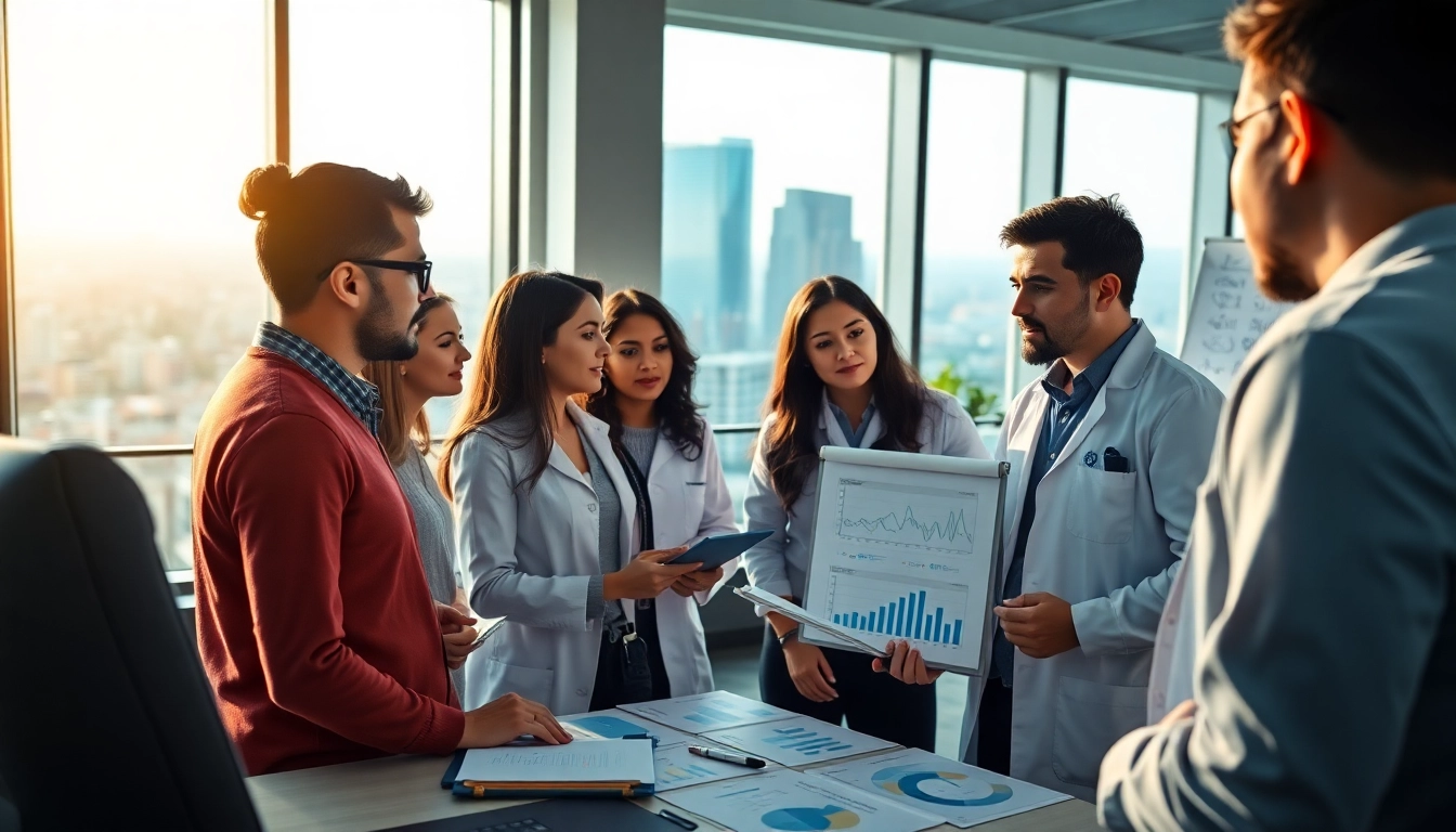 Researchers evaluating data on Retatrutide in a bright, modern office space.