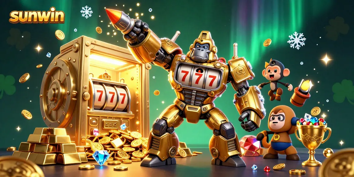 Join the thrilling sunwin adventure with a golden gorilla mech smashing through coins and treasures!