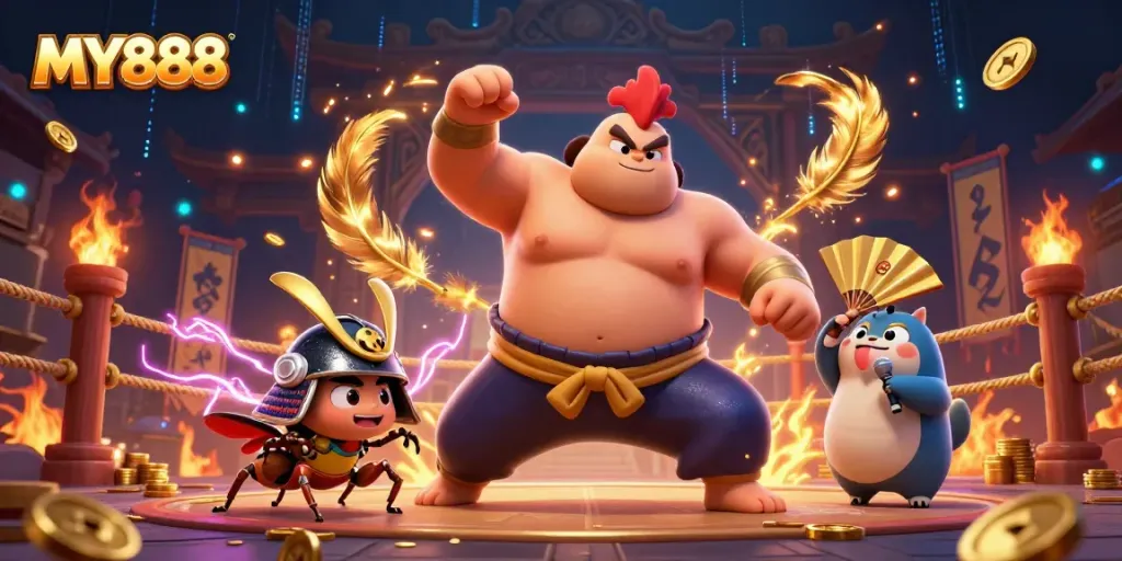 Engage with MY888's dynamic gaming scene featuring characters in vibrant casino action.