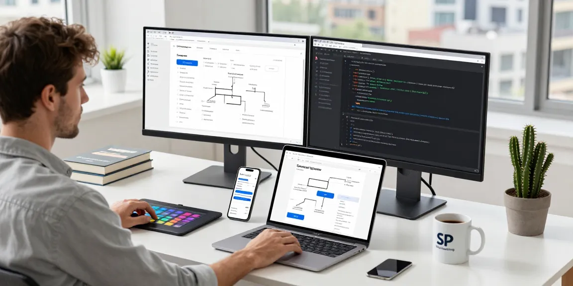 SP Webconsulting developer’s workspace showcasing Shopware solutions and coffee mug for e-commerce success.
