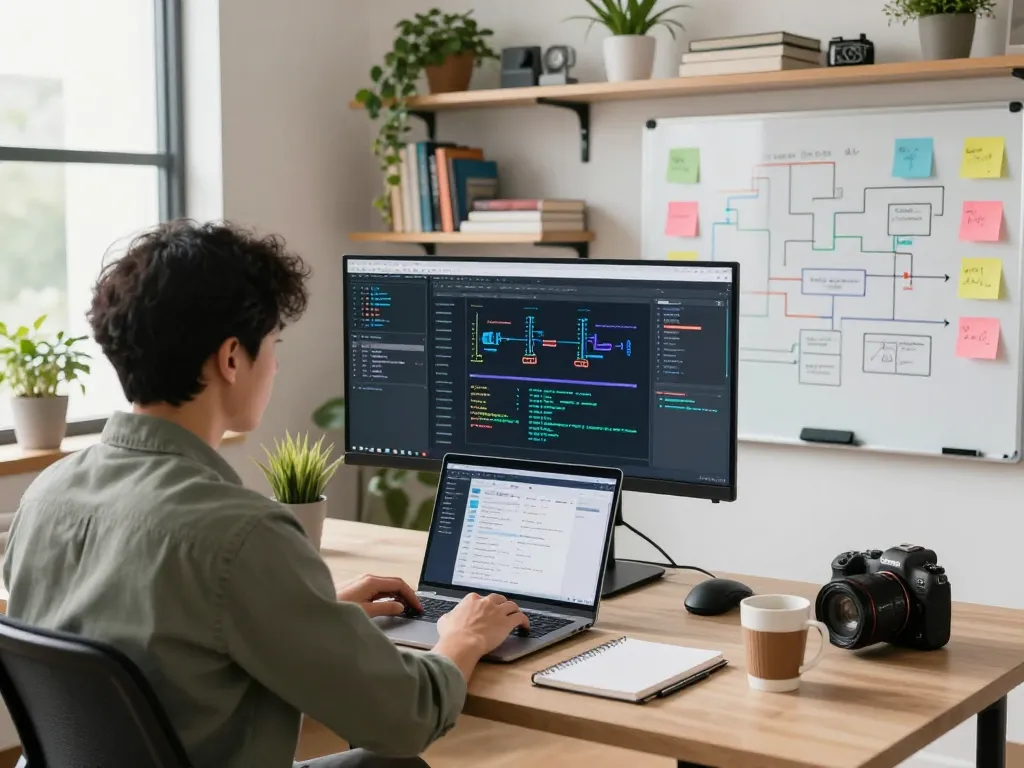 Inspiring workplace capturing AI automation development with active coding and workflow visuals.