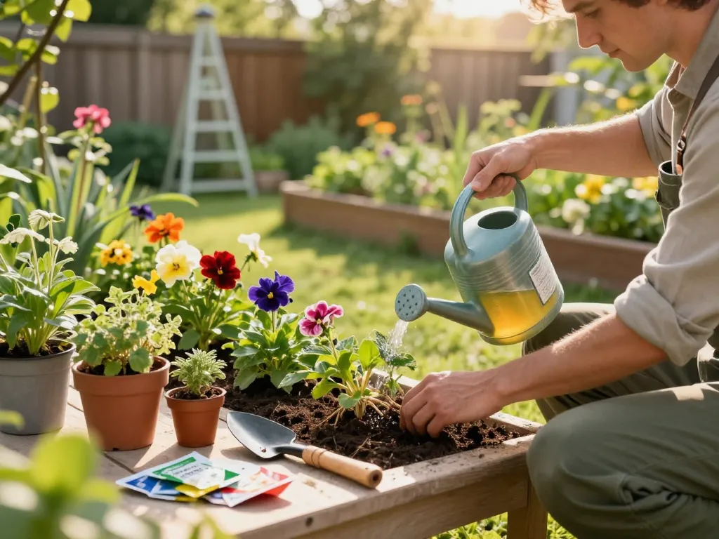 Jardinero aplicando fertilizante orgánico en un vibrante entorno de jardín, mostrando plantas y flores exuberantes.