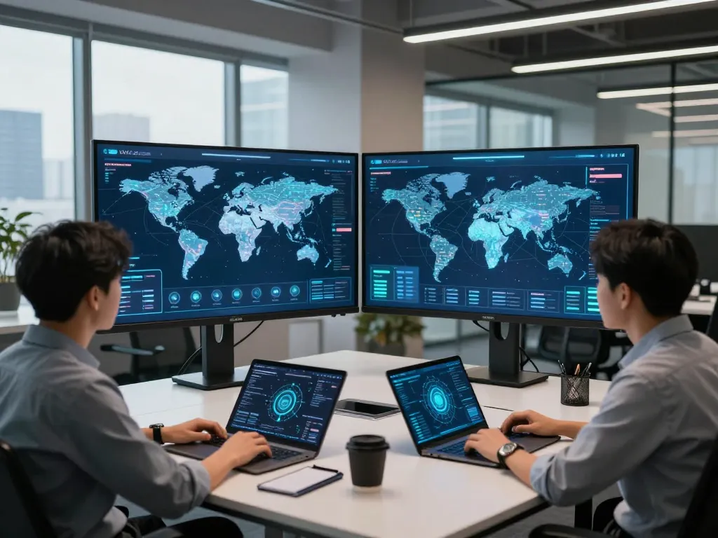 IT professionals optimizing 快连 network performance in a high-tech command center.