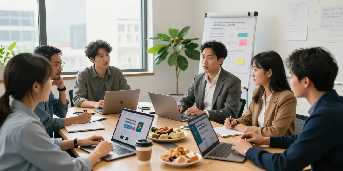 Small business owners discussing pay monthly websites strategy in a conference room setting, showcasing collaboration and teamwork.